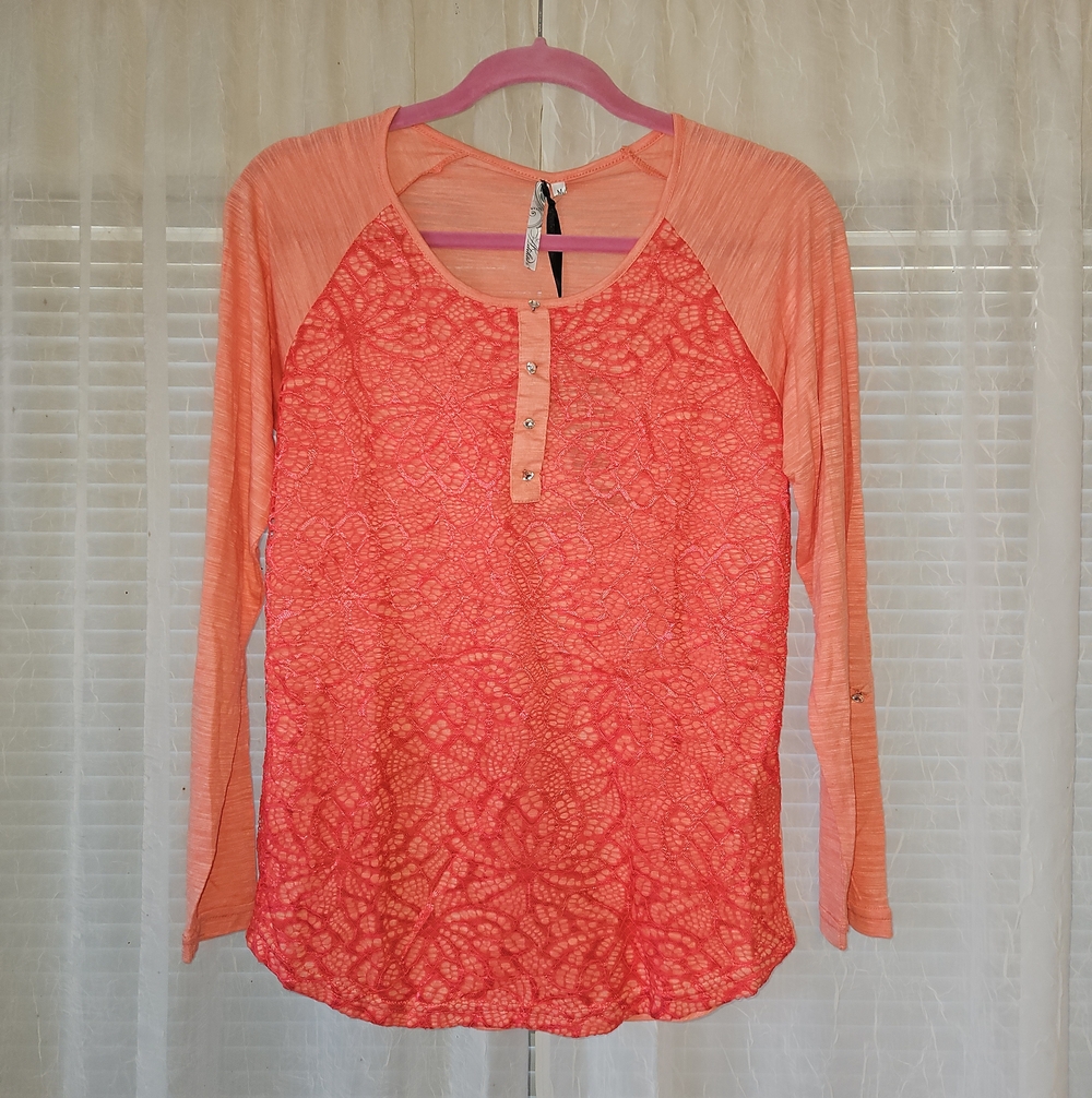 Adiktd Coral Lace-Front Long Sleeve Henley